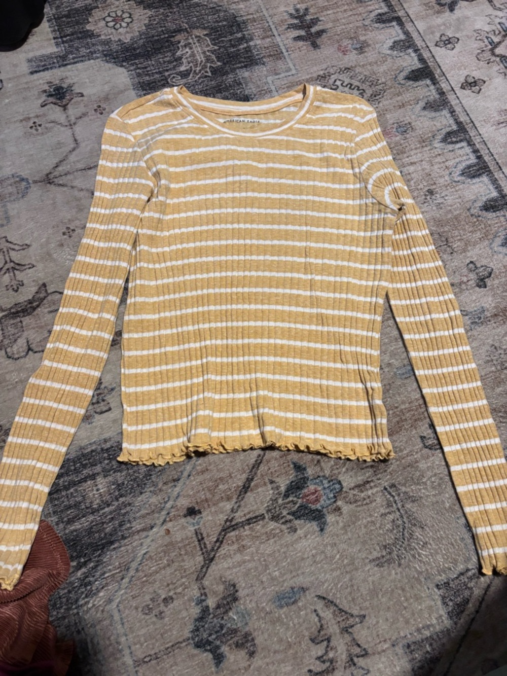 American Eagle Outfitters Mustard and White Striped Ribbed Long-Sleeve Top